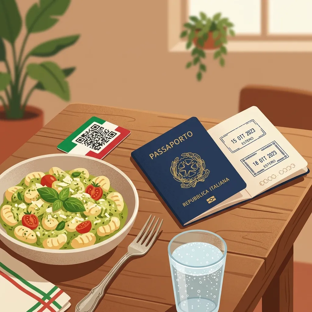 Passaporte italiano carimbado ao lado de um prato de gnocchi ao pesto, um cartão com QR Code e um copo, sobre a mesa do restaurante