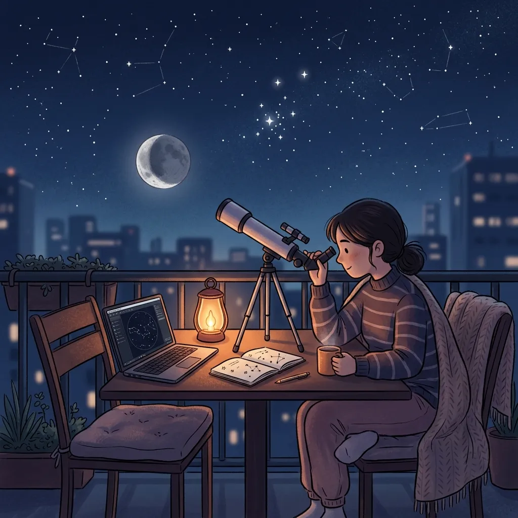 Ilustração de uma pessoa observando a Lua com um pequeno telescópio numa varanda, com notebook e caderno ao lado