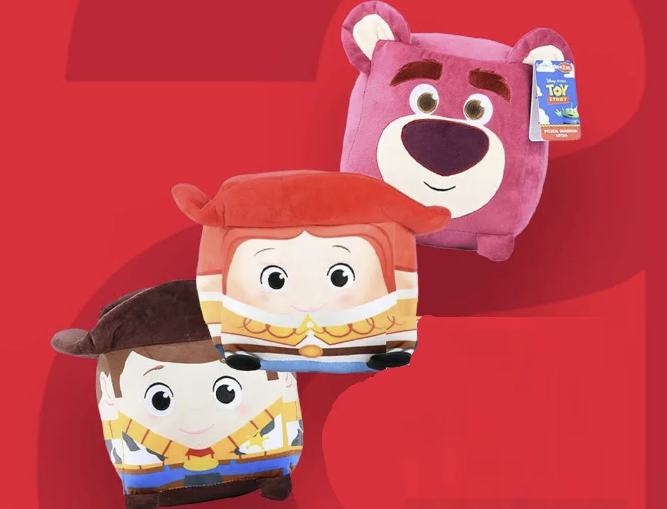 Pelúcias quadradas de Woody, Jessie e do urso Lotso, de Toy Story, com etiqueta Disney Pixar