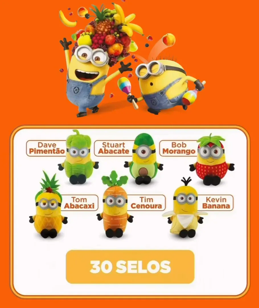 Seis pelúcias dos Minions caracterizadas como pimentão, abacate, morango, abacaxi, cenoura e banana, com o aviso de 30 selos