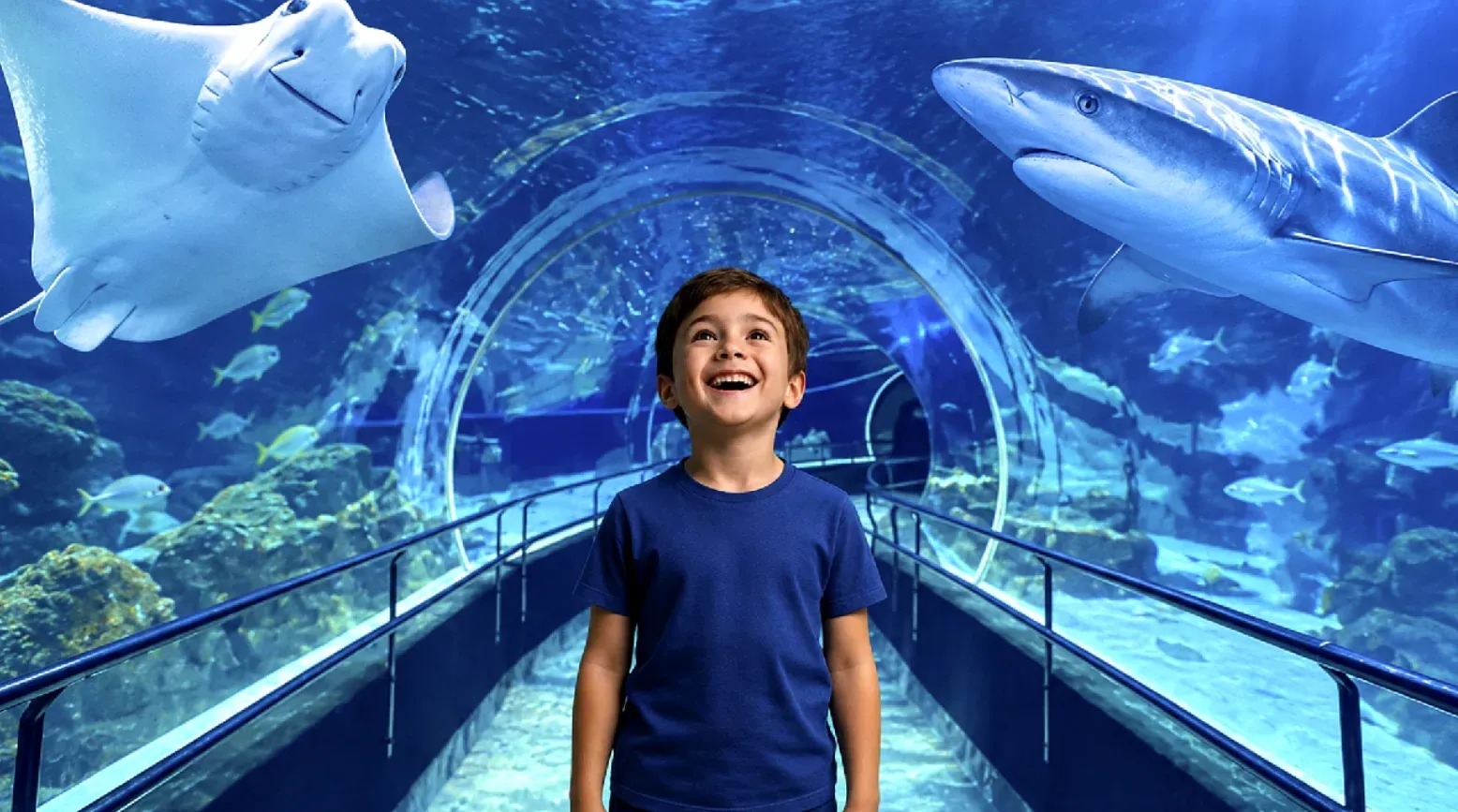 Ilustração de um menino sorrindo num túnel de aquário com raia e tubarão por cima