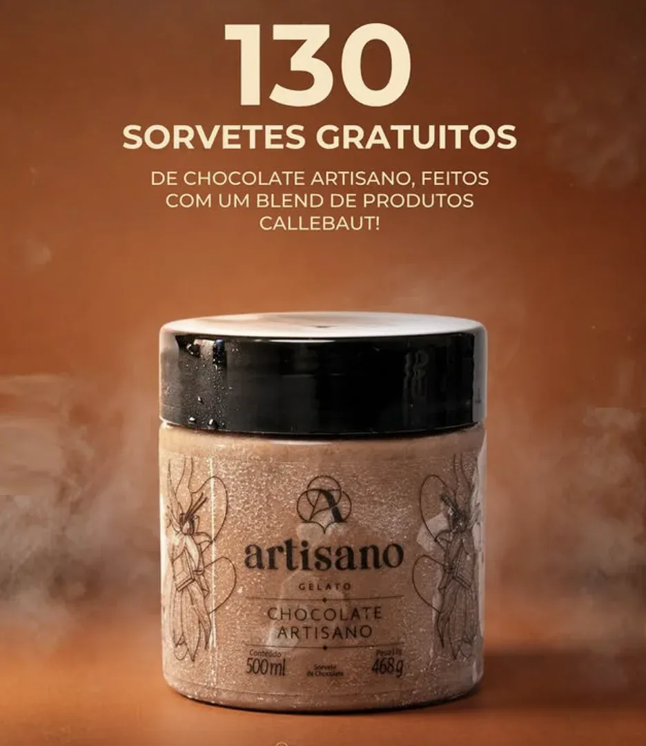 Pote preto e marrom de 500 ml de sorvete Chocolate Artisano, com o aviso de 130 sorvetes gratuitos feitos com blend Callebaut