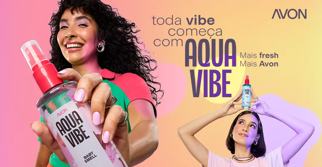 Arte da campanha Avon Aquavibe no The Insiders, com os frascos de body splash em destaque