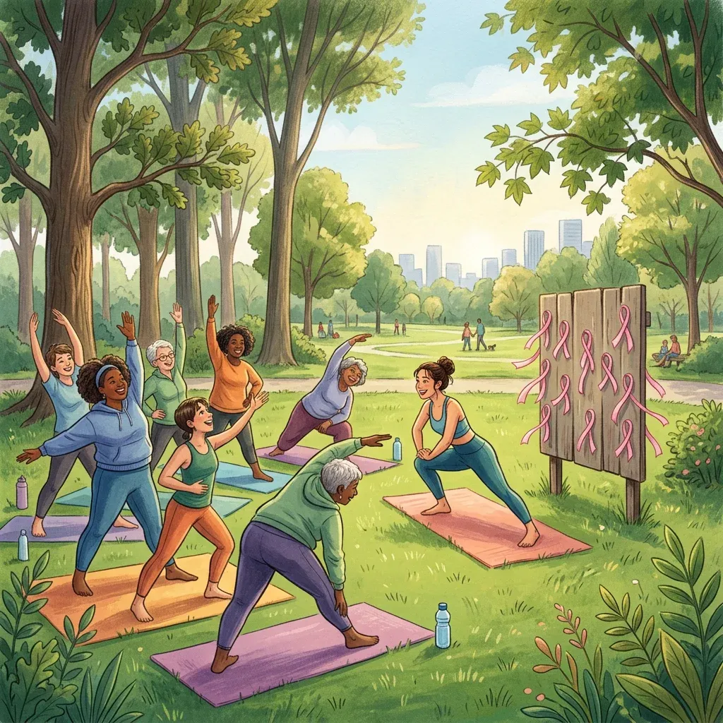 Ilustração de mulheres de várias idades fazendo alongamento na grama de um parque, ao lado de um painel com fitas rosas