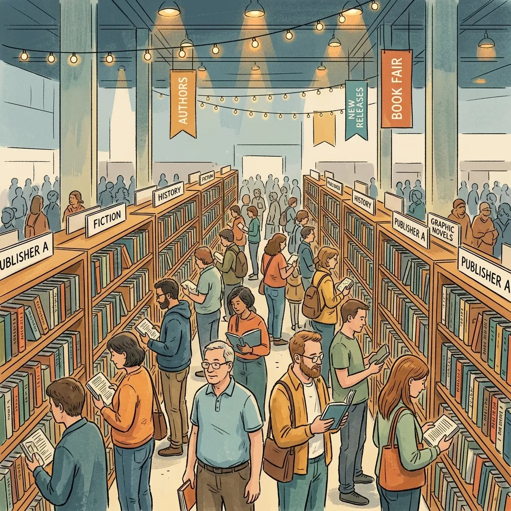 Ilustração: corredor de feira de livros com estantes altas e visitantes folheando títulos