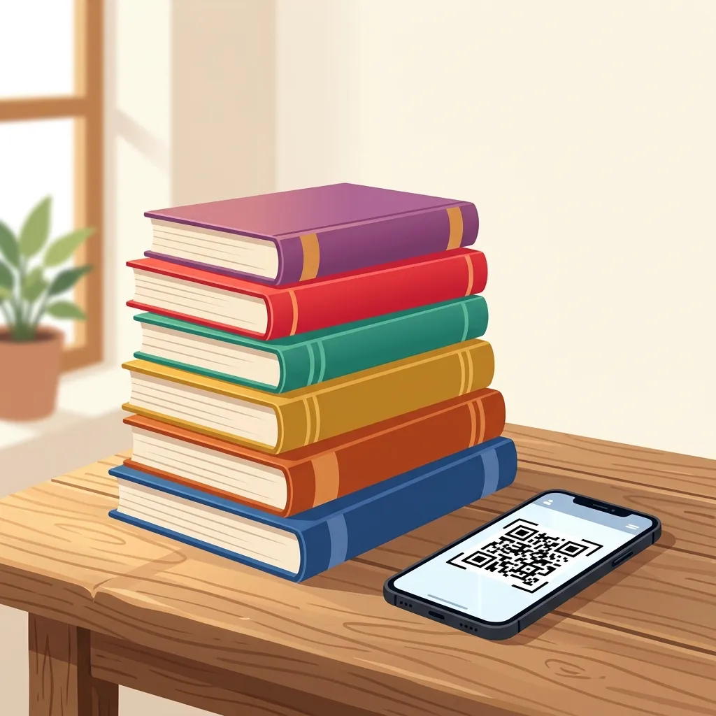 Ilustração: pilha de livros coloridos ao lado de um celular exibindo um QR Code
