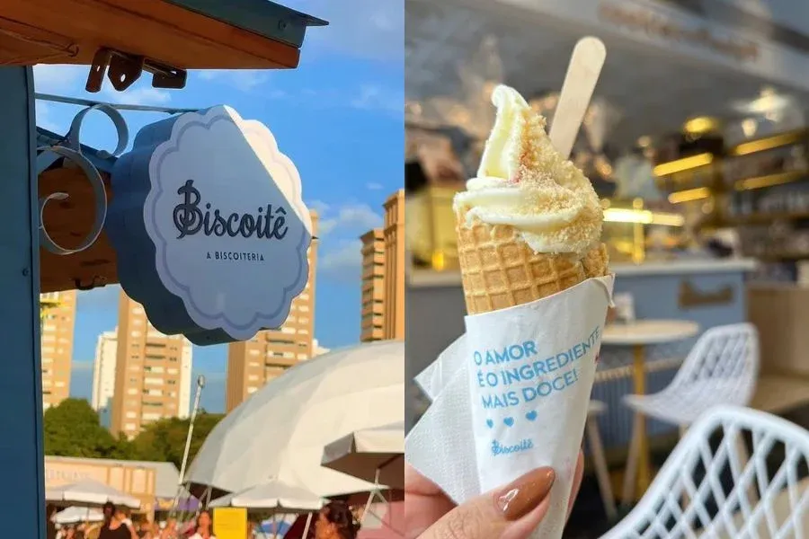 Fachada de quiosque da Biscoitê e casquinha de baunilha com calda em papel da marca