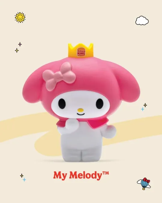 My Melody com capuz rosa e coroa do Burger King