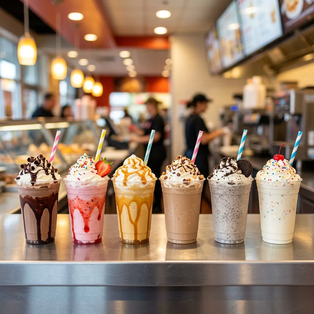 Ilustração de seis milkshakes coloridos enfileirados no balcão, com chantilly no topo