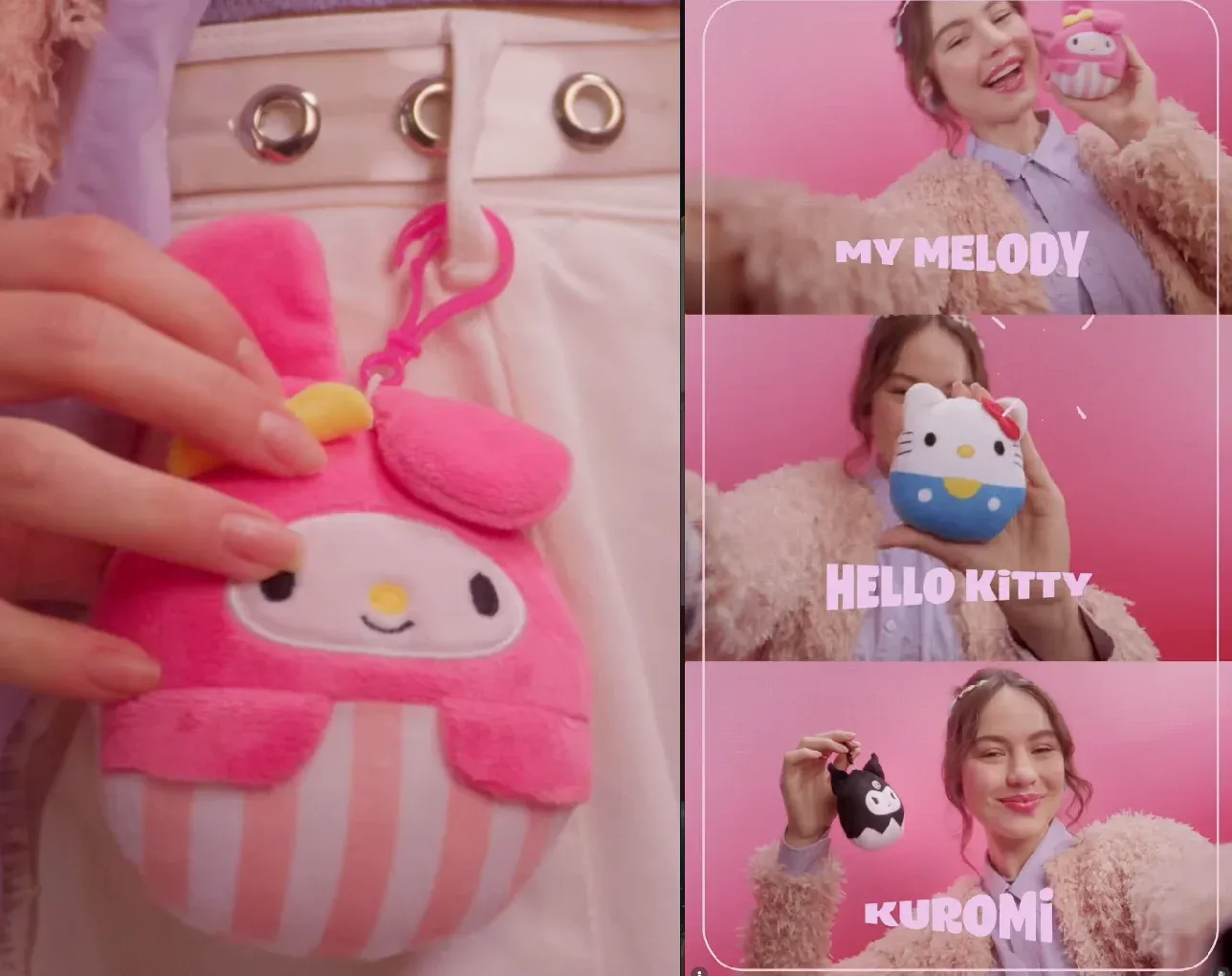 Banner da coleção de pelúcias Sanrio do Bob's com Hello Kitty, Kuromi e My Melody