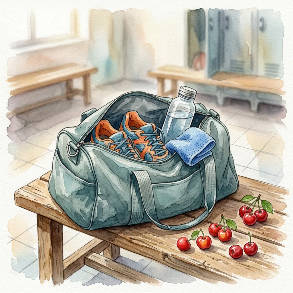 Ilustração de uma bolsa de academia aberta com tênis, garrafa de água, toalha e frutinhas vermelhas no banco do vestiário