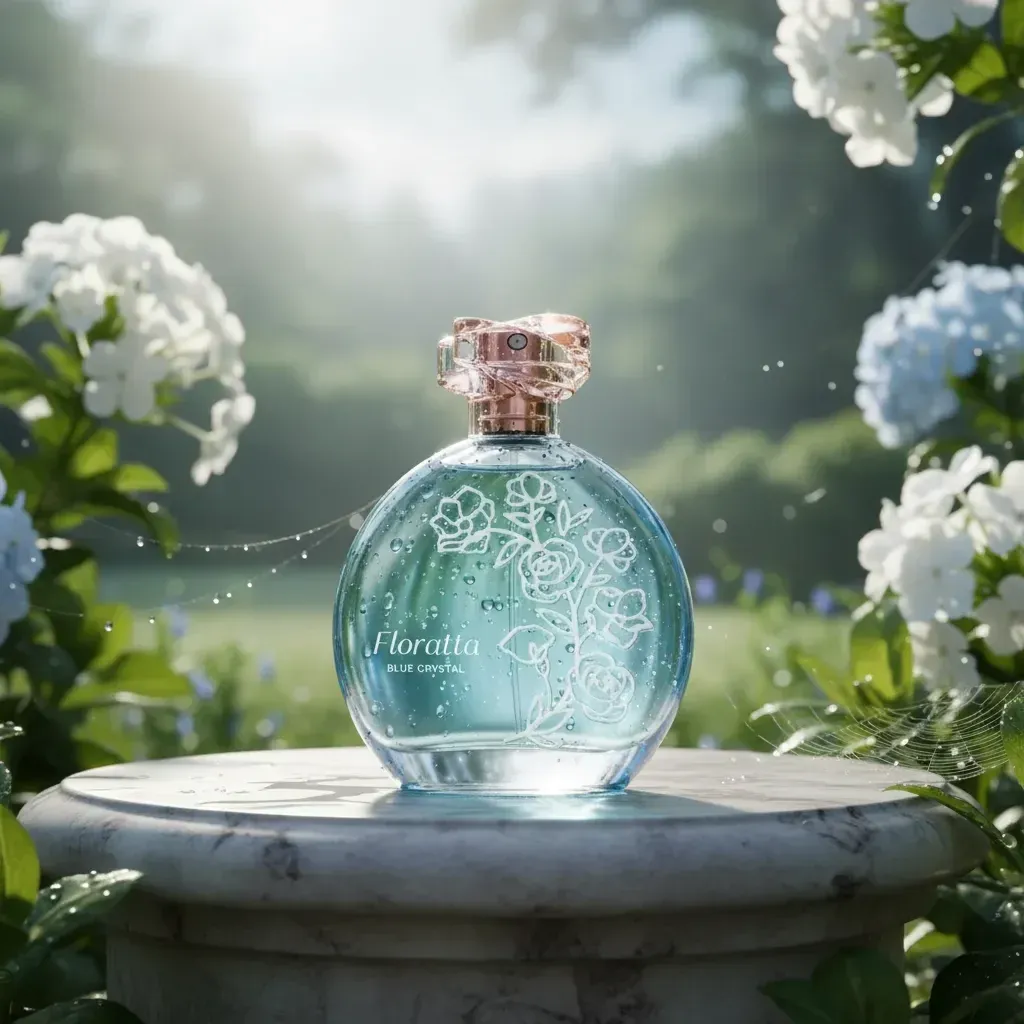 Cenário de cinema ao ar livre montado entre flores, com o frasco do Floratta Blue Crystal em destaque