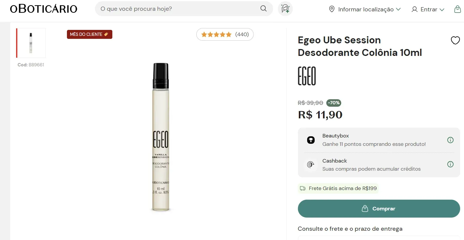 Página do Egeo Ube Session Desodorante Colônia 10 ml no site de O Boticário, com o selo Mês do Cliente e o frasco em formato de tubo spray
