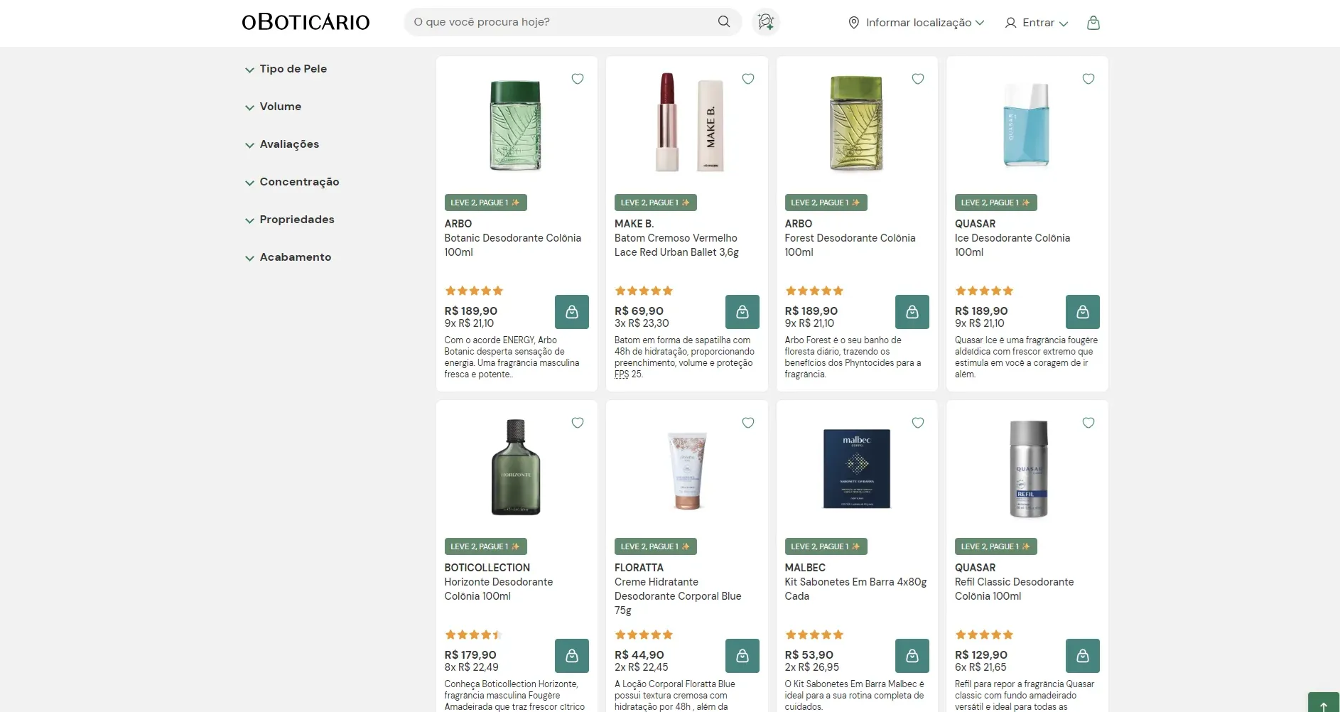 Vitrine Leve 2, Pague 1 no site d'O Boticário com perfumes Arbo, Quasar, Malbec e batom Make B. identificados com o selo da campanha