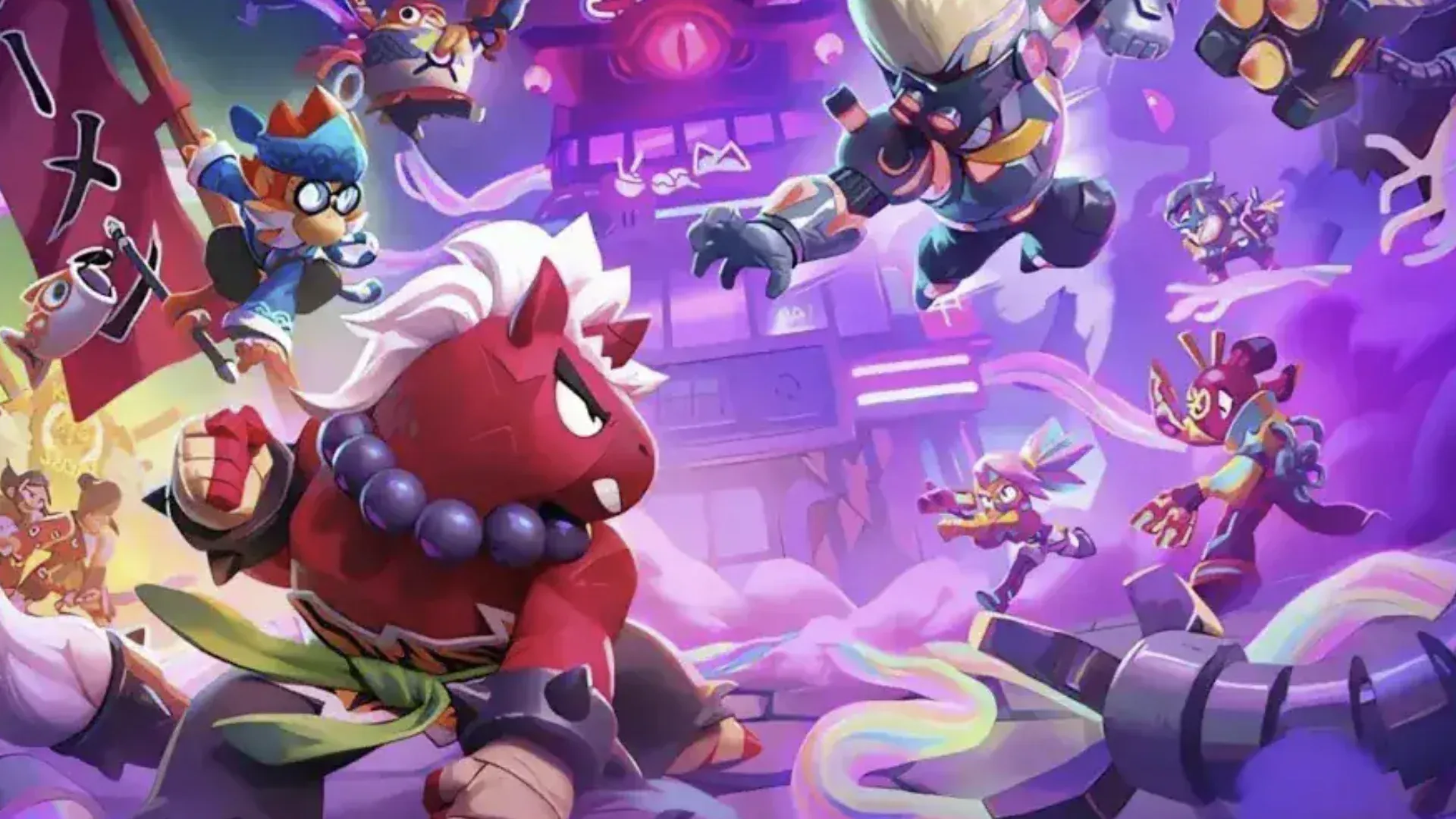 Personagens de Brawl Stars em arte de batalha com cenário roxo de Halloween
