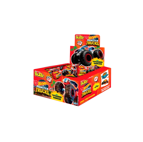 Display do chiclete Buzzy Hot Wheels, em embalagem tutti-frutti com carrinhos estampados