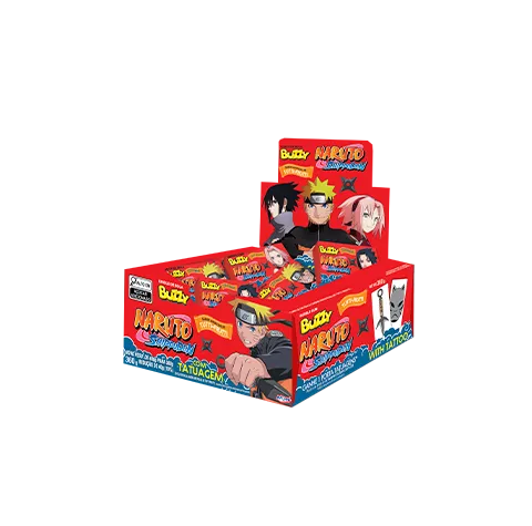 Display do chiclete Buzzy Naruto em embalagem laranja com o personagem estampado