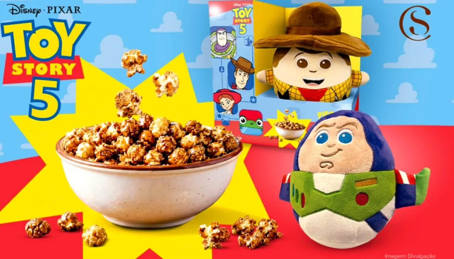 Brinde grátis: Compre e Ganhe Cacau Show: Pelúcias de Buzz e Woody Acompanham a Pipoca com Cacau