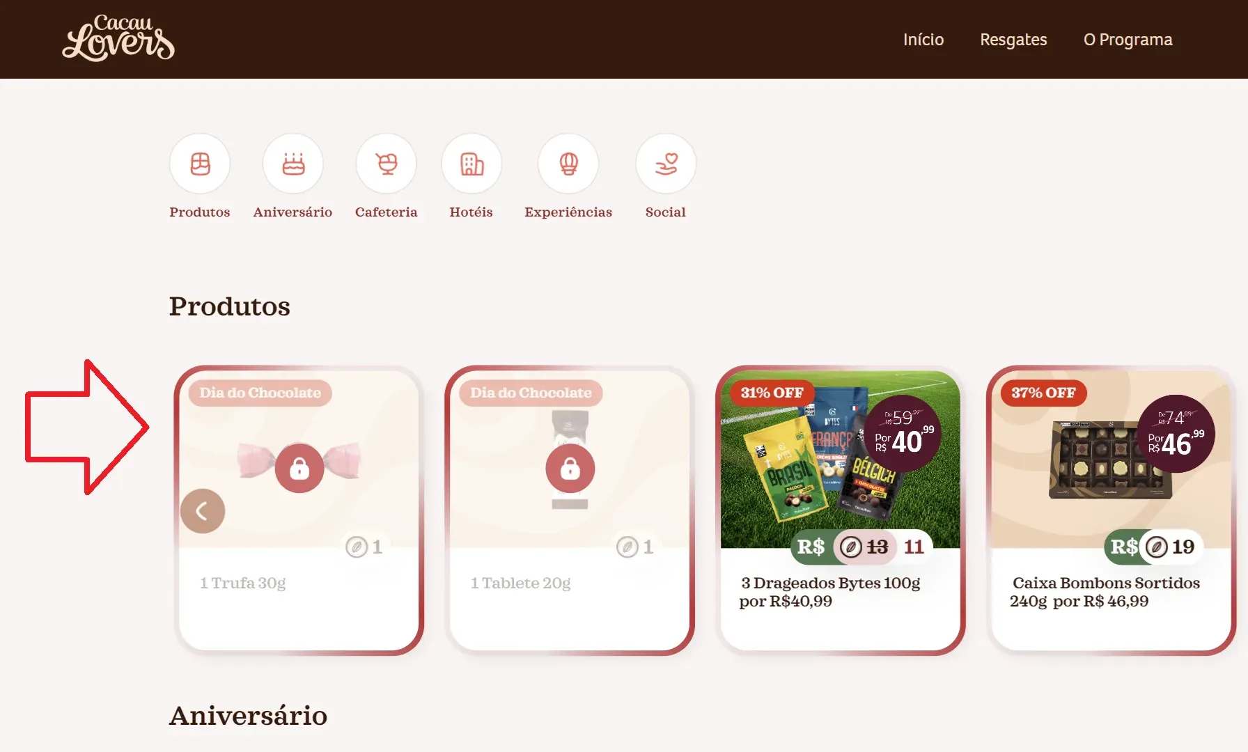 Tela de resgate do QR Code no programa Cacau Lovers