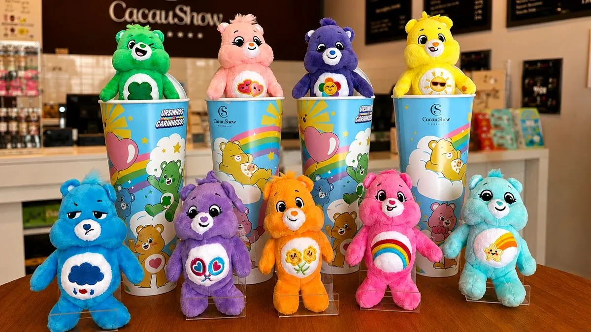 Brinde grátis: Compre e Ganhe Cacau Show: Copo Surpresa com Soda e Chaveiro dos Ursinhos Carinhosos