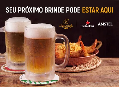 Peça oficial da ação Camarada Camarão com Heineken e Amstel: dois chopps e uma porção de camarão