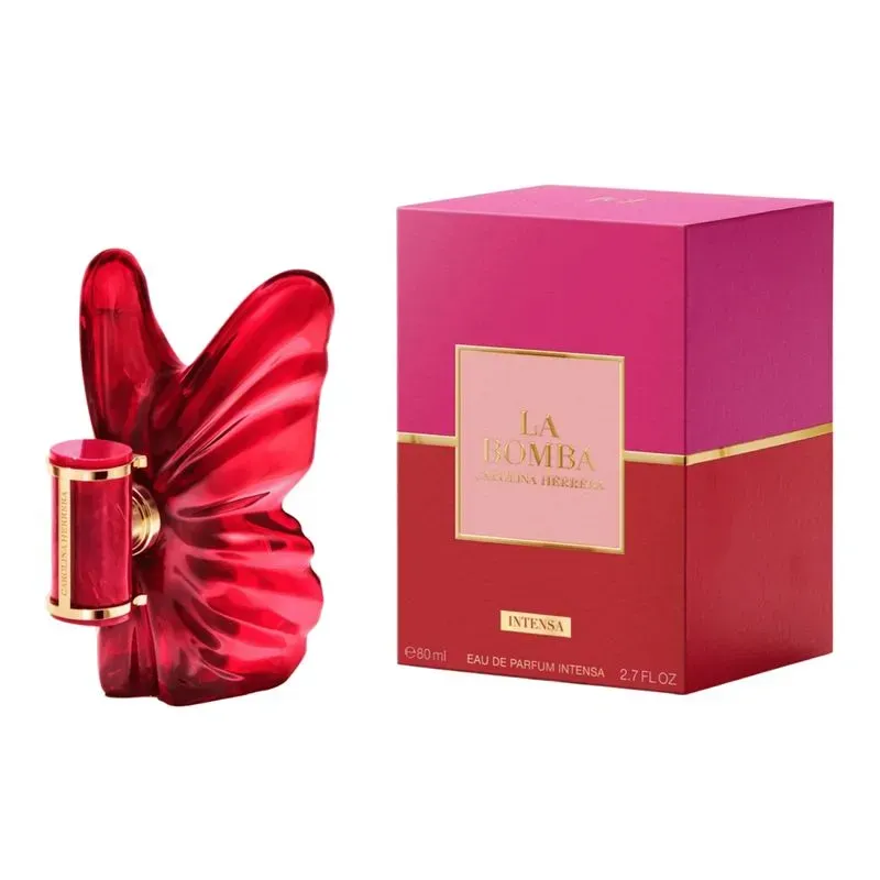 Frasco vermelho em formato de borboleta do perfume Carolina Herrera La Bomba Intensa