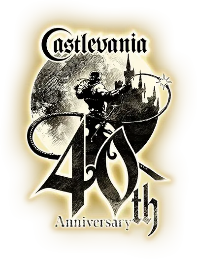 Selo comemorativo de 40 anos de Castlevania com Simon Belmont e o castelo ao fundo