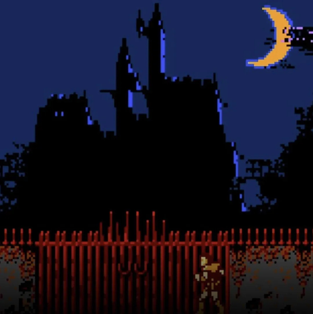Silhueta do castelo do Drácula sob a lua, com Simon parado diante do portão de ferro vermelho
