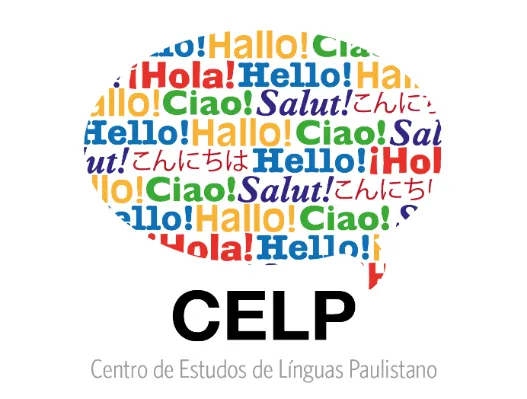 Logo do CELP, Centro de Estudos de Línguas Paulistano, com cumprimentos em vários idiomas