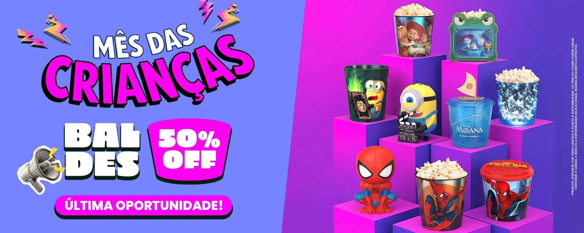 Banner oficial do Mês das Crianças com baldes e anúncio de 50% off