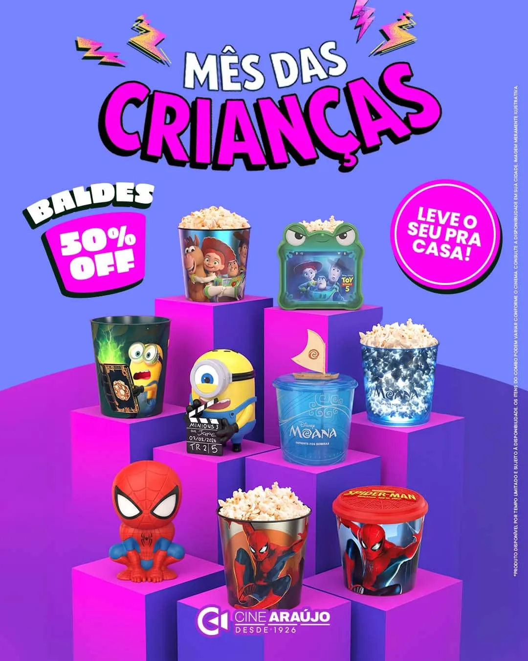Cartaz vertical do Cine Araújo com baldes de personagens e desconto de 50%