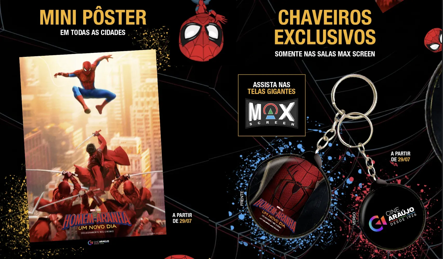 Mini pôster e chaveiro colecionável de Homem-Aranha do Cine Araújo