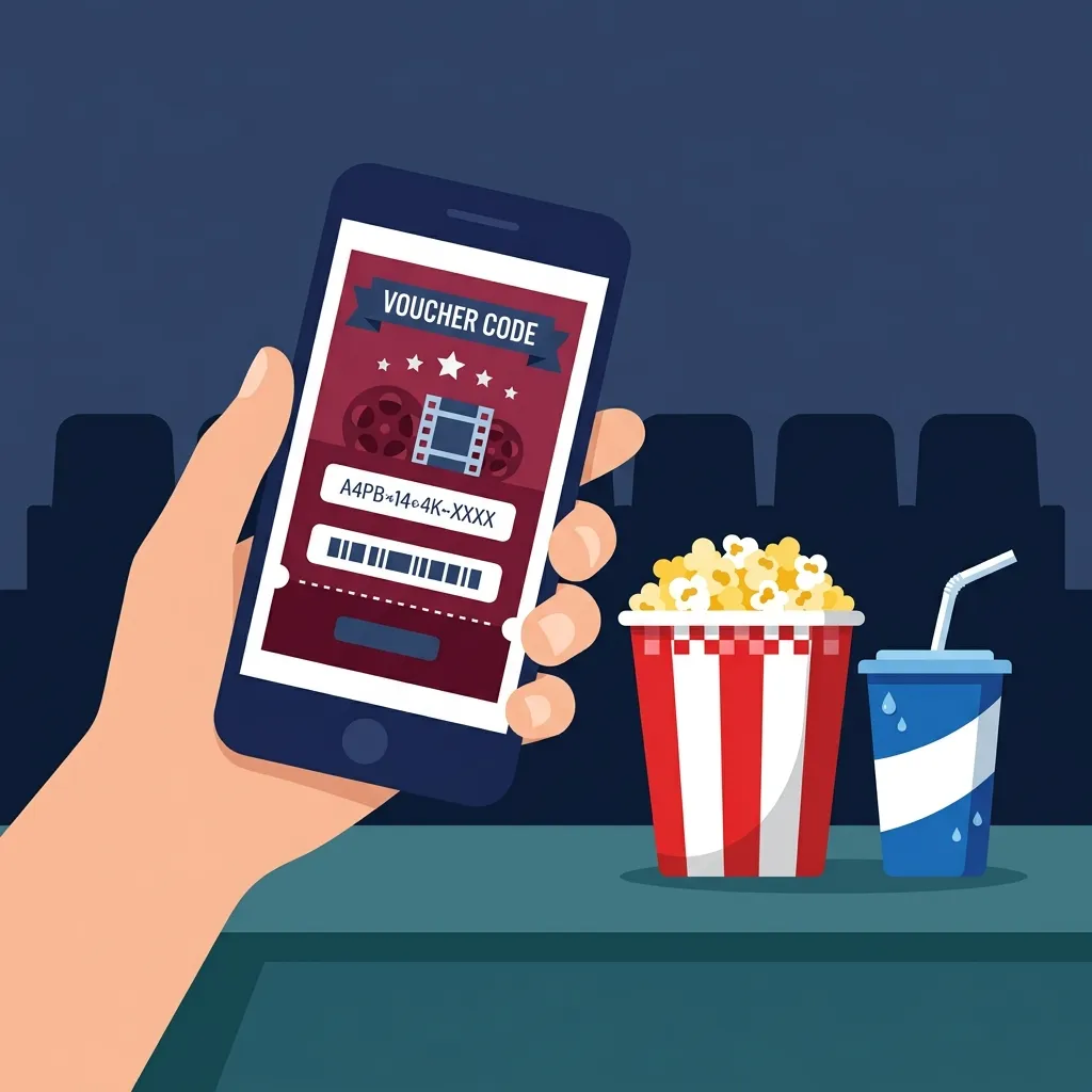 Ilustração de um código de voucher de cinema na tela de um celular, ao lado de um balde de pipoca e um copo de refrigerante, com poltronas de sala escura ao fundo