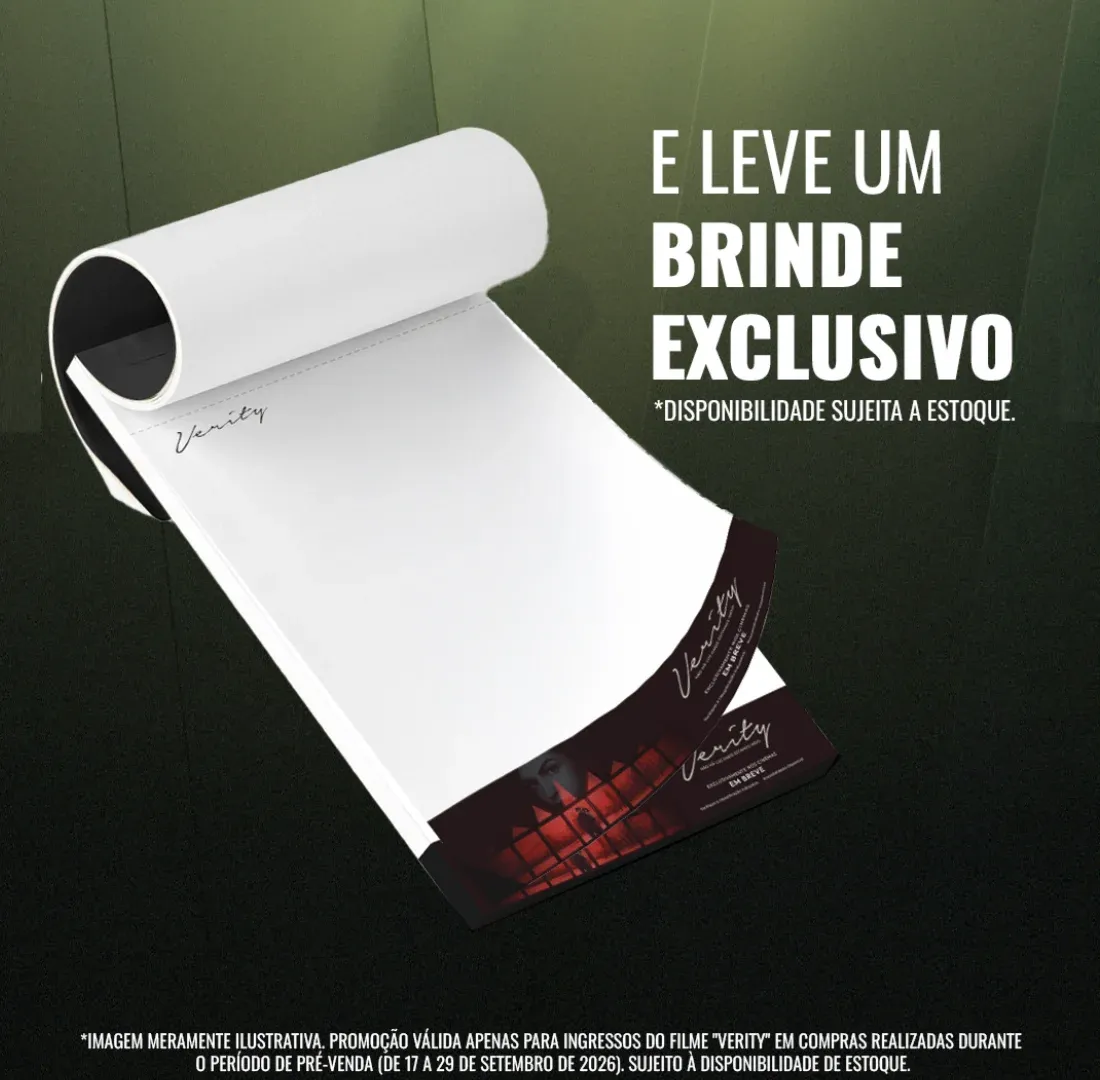 Bloco de notas preto com o título Verity em destaque, brinde da Cinemark para a pré-venda do filme