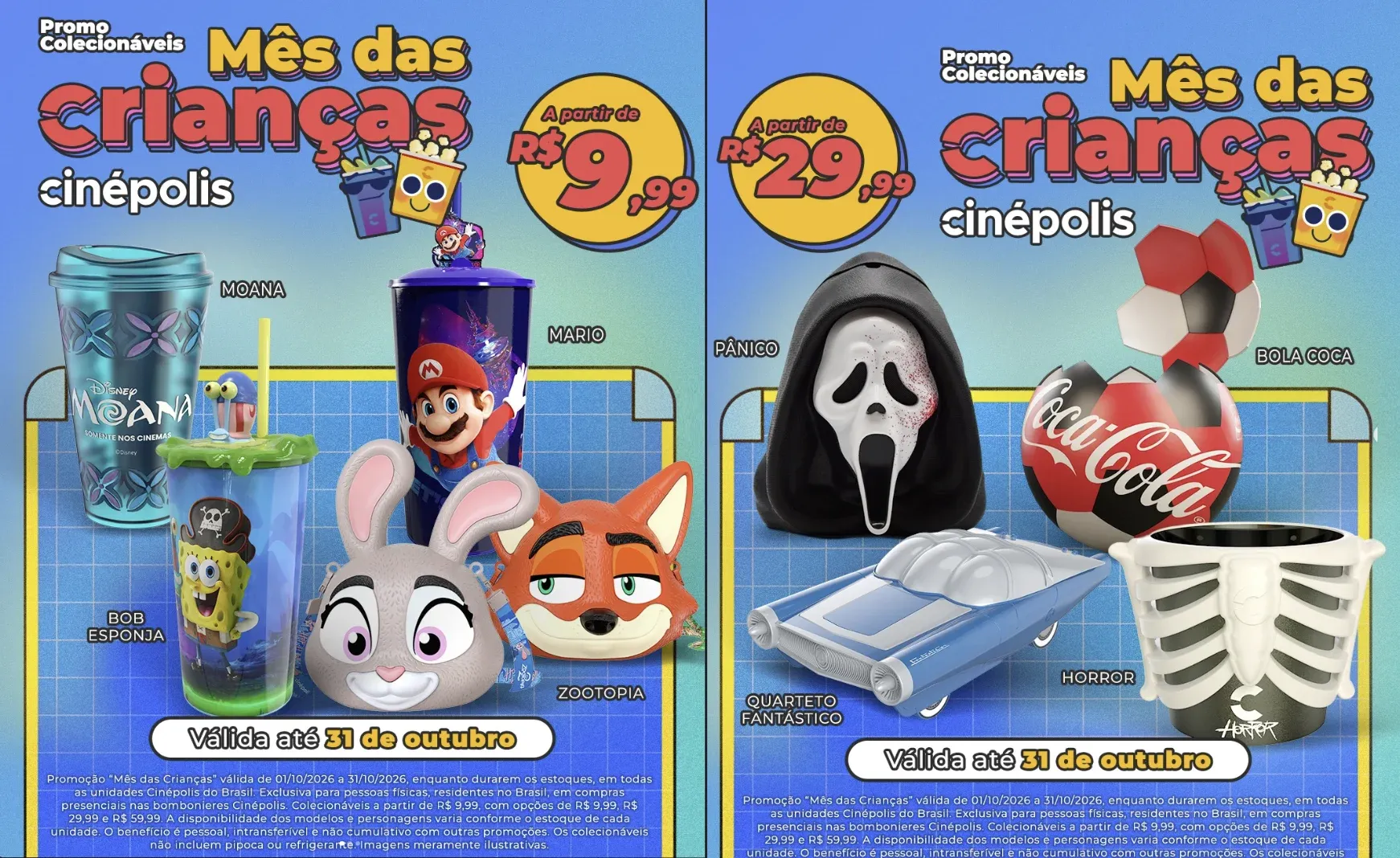 Painéis da Cinépolis com os colecionáveis de R$ 9,99 (Moana, Mario, Bob Esponja e Zootopia) e de R$ 29,99 (Pânico, bola da Coca-Cola, Quarteto Fantástico e balde de terror)