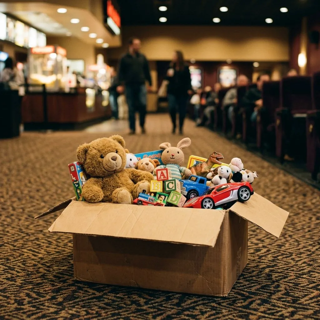 Ilustração de uma caixa de papelão cheia de brinquedos usados no saguão de um cinema
