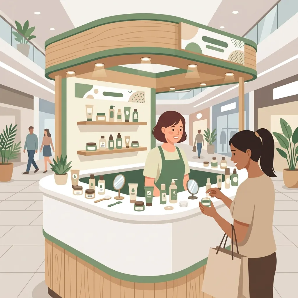 Ilustração de um quiosque de beleza em corredor de shopping, com potes e tubos de skincare sobre o balcão branco e uma consultora atendendo uma visitante