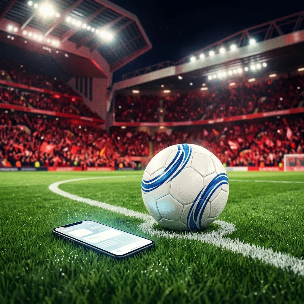 Ilustração de uma bola de futebol branca e azul no círculo central de um estádio à noite, ao lado de um celular