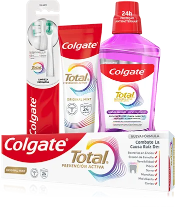 Escova, creme dental e enxaguante da linha Colgate Total, produtos participantes da promoção