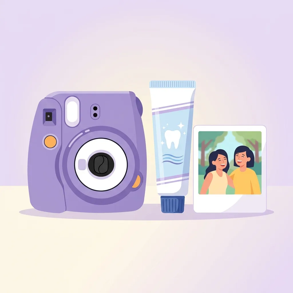 Ilustração de uma câmera instantânea roxa ao lado de um tubo de creme dental clareador e uma foto instantânea