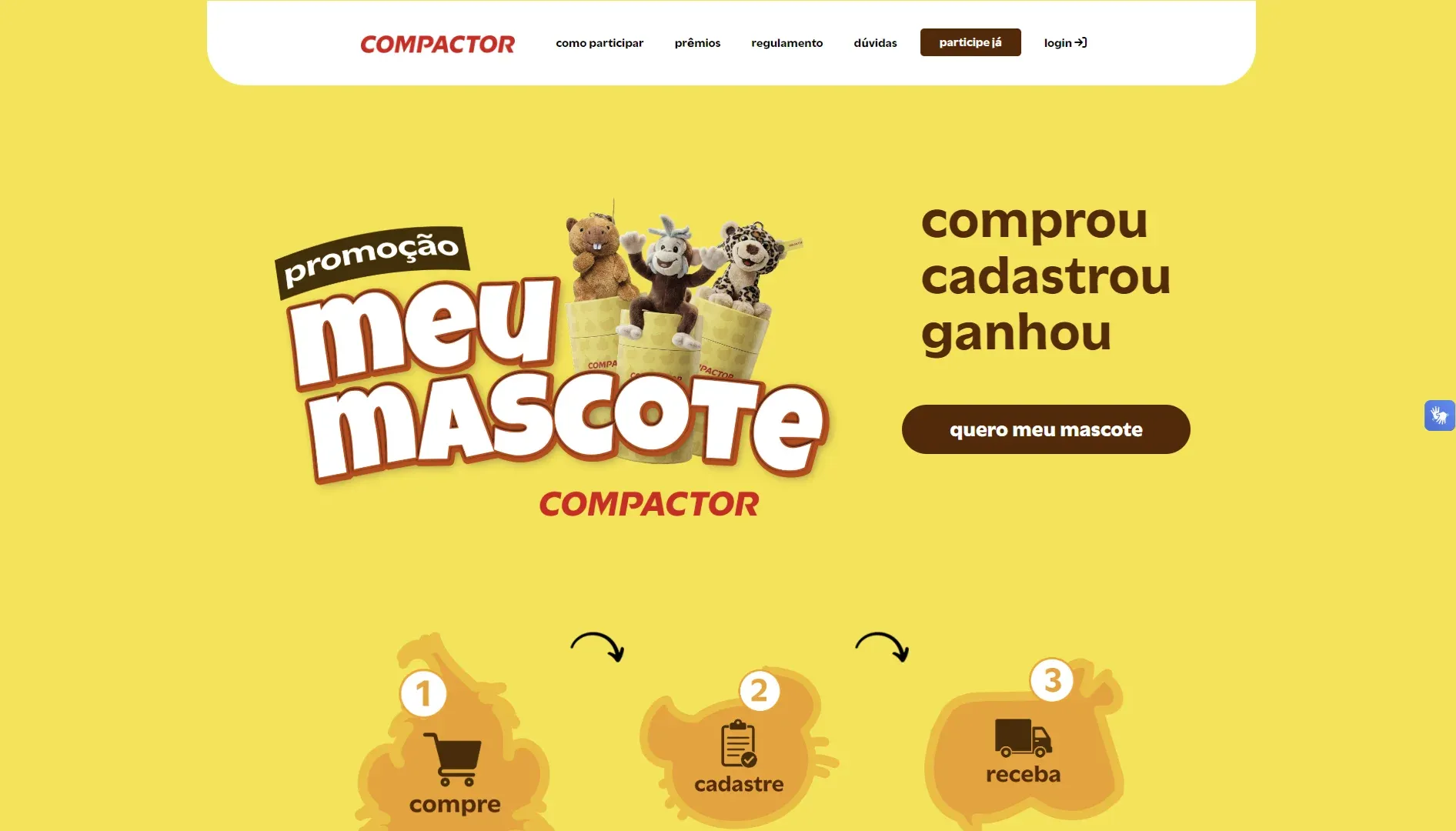 Página da campanha Meu Mascote da Compactor mostrando comprou, cadastrou, ganhou