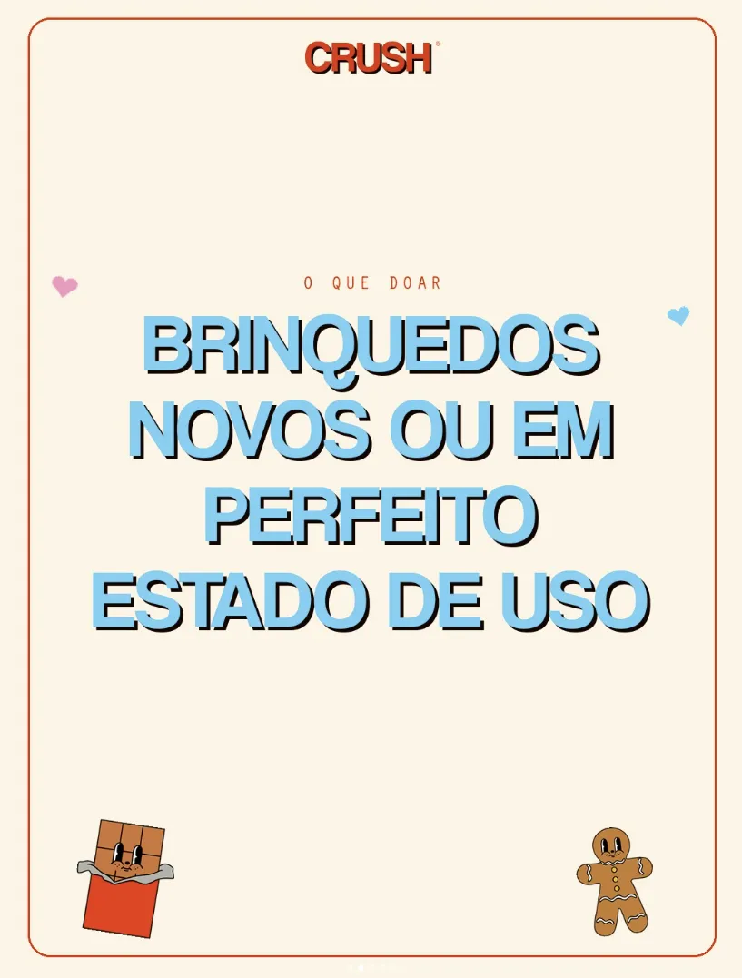 Arte da Crush Cookies com o aviso: o que doar, brinquedos novos ou em perfeito estado de uso