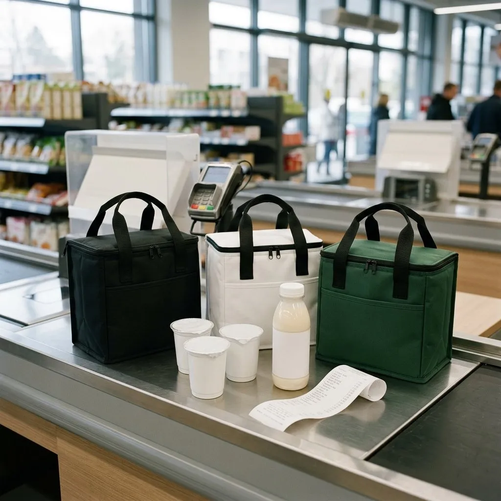 Ilustração de apoio: três bolsas térmicas preta, branca e verde no caixa do mercado, ao lado de potes de iogurte e da nota fiscal