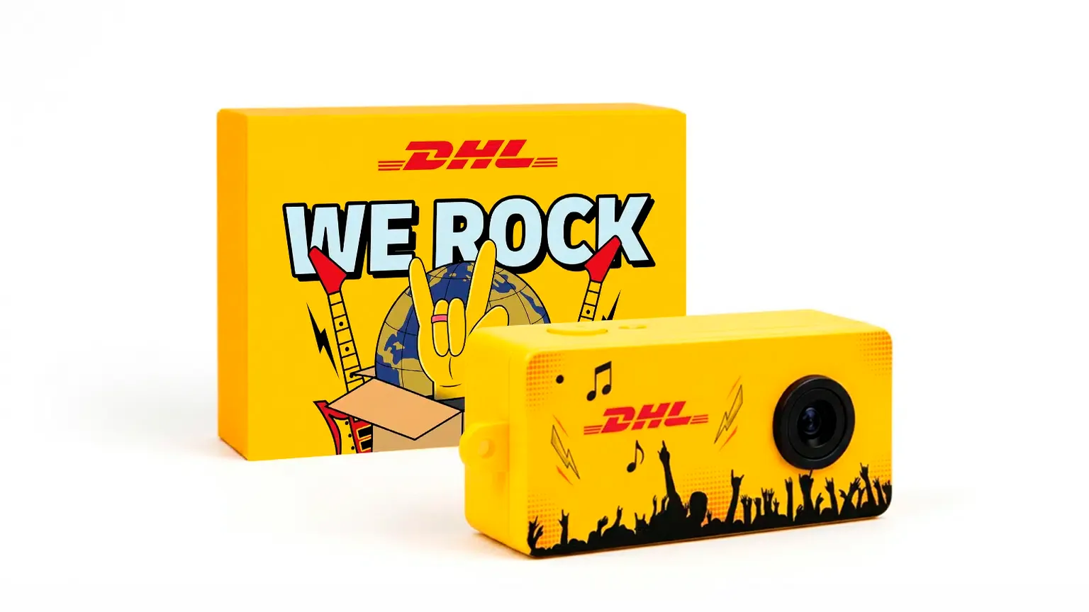 Minicâmera amarela da DHL com a frase We Rock e caixa ilustrada do Rock in Rio 2026