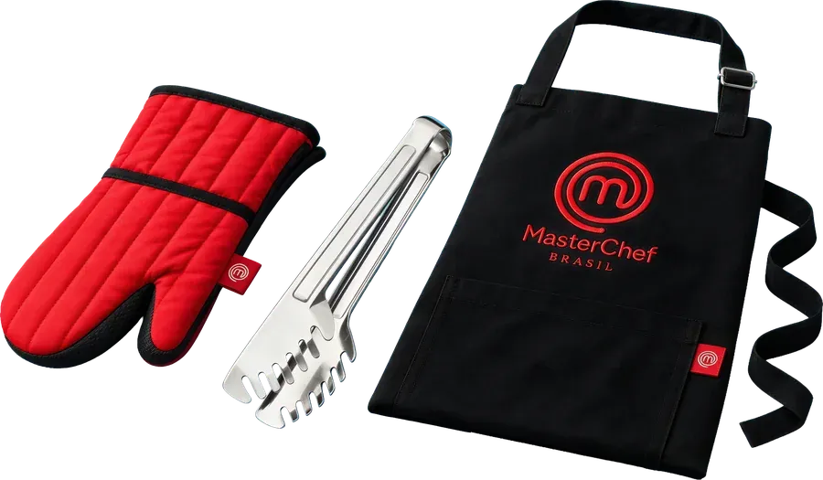 Kit MasterChef com avental preto, luva térmica vermelha e pegador de massa de inox