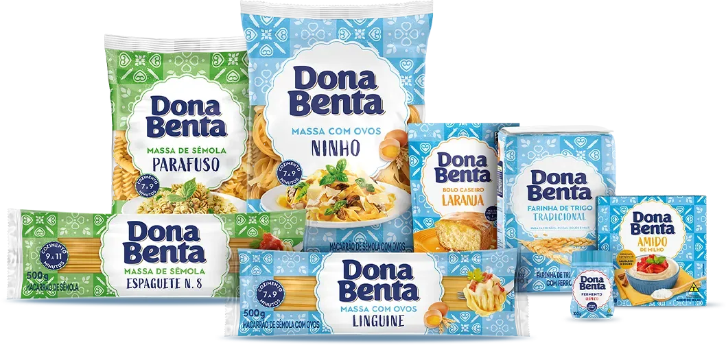 Pacotes de massas Dona Benta parafuso, espaguete, ninho e linguine com farinha, fermento e mistura para bolo
