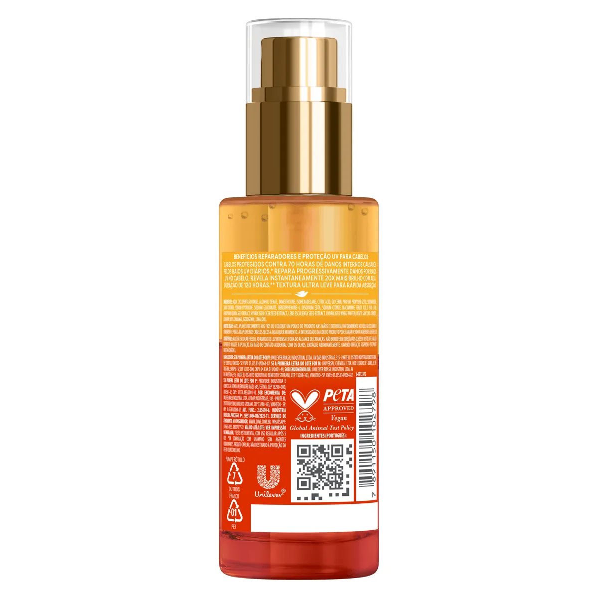 Verso do frasco Dove UV Repair & Glow Ferúlico com modo de usar, ingredientes e selo vegano PETA