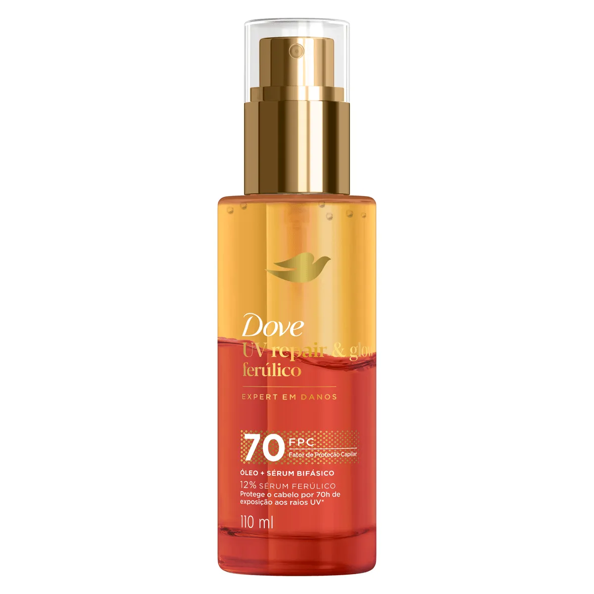 Frasco do óleo e sérum bifásico Dove UV Repair & Glow Ferúlico de 110 ml, com fator de proteção capilar 70