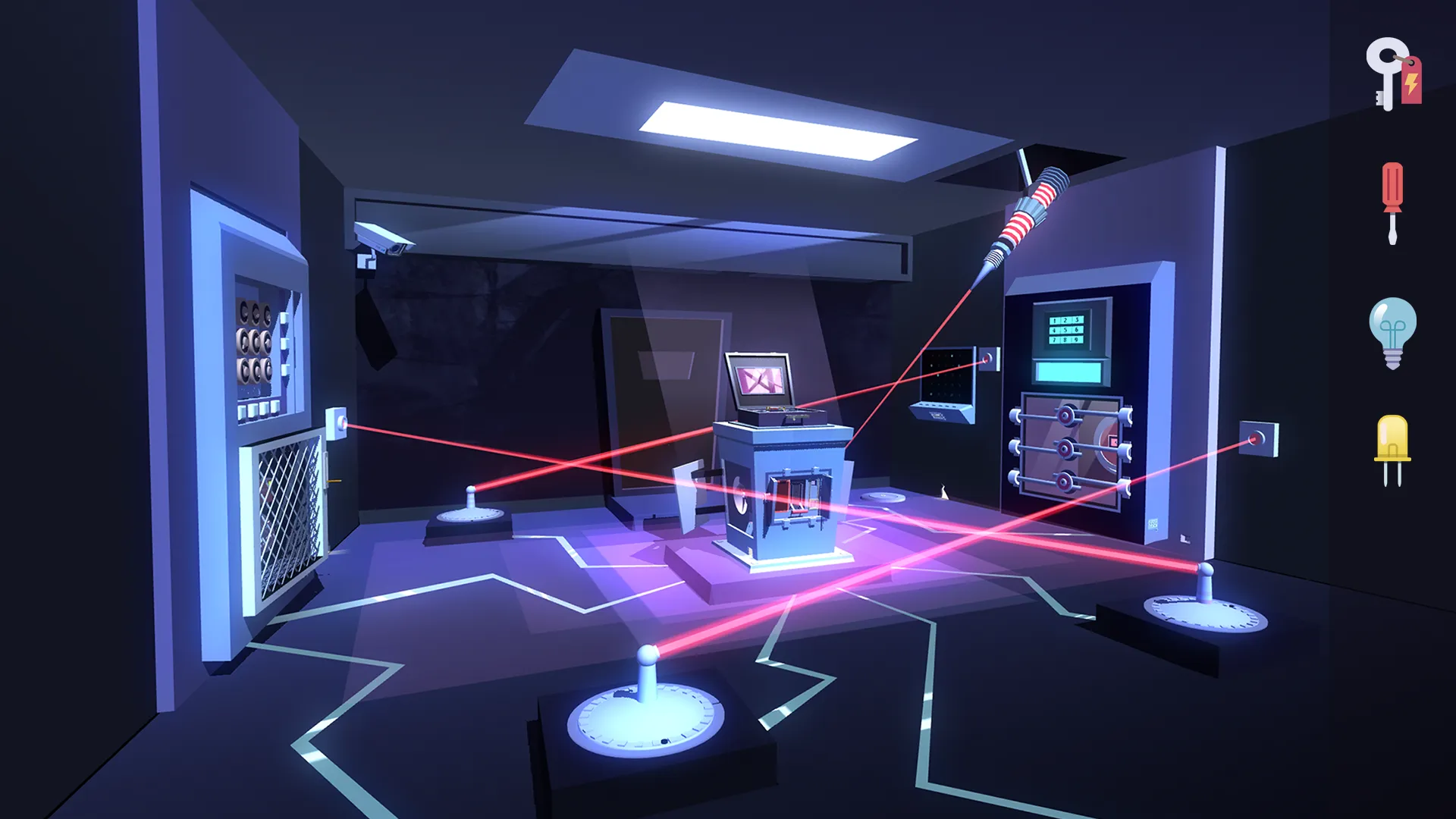 Sala com feixes de laser e inventário de objetos de Agent A