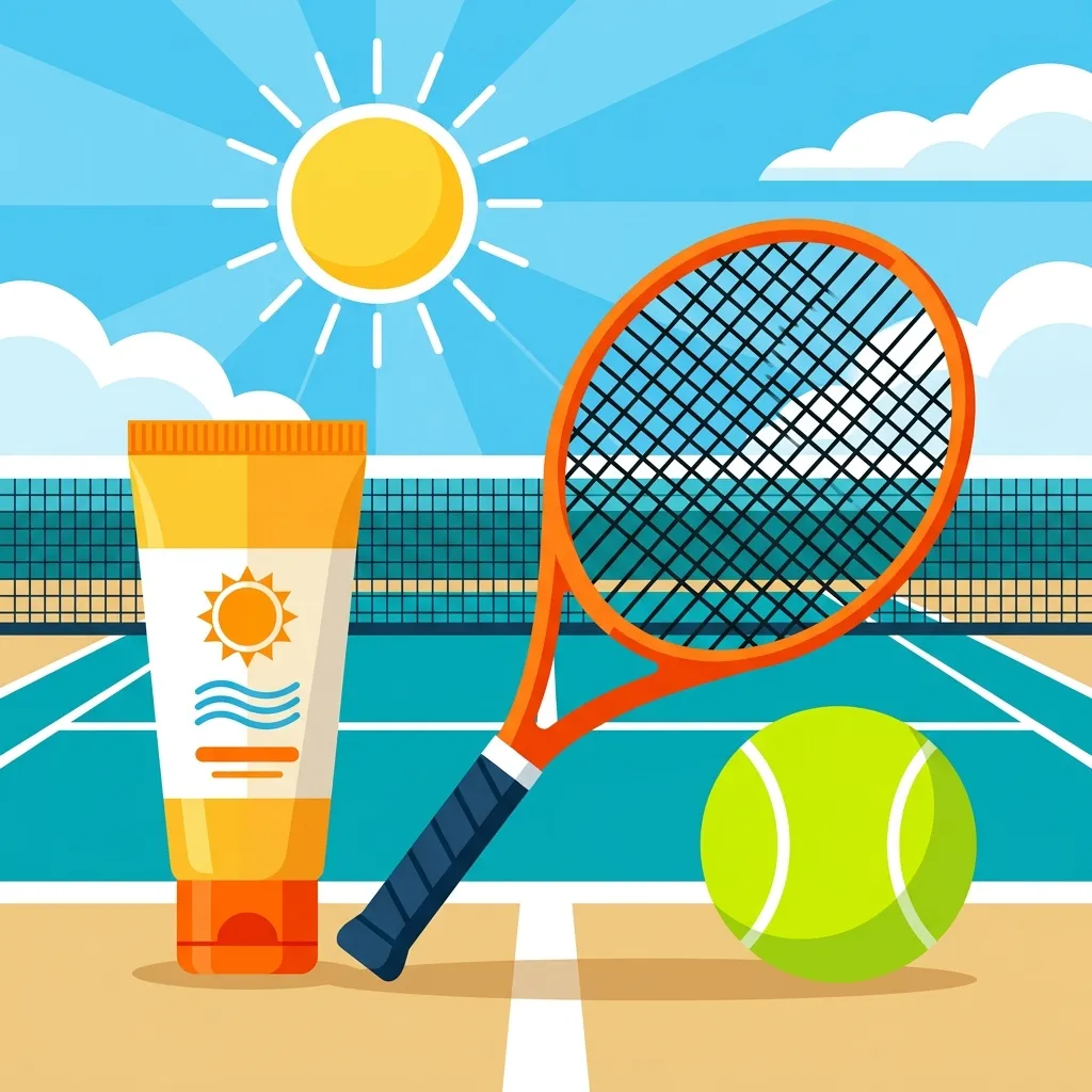 Ilustração de um tubo de protetor solar ao lado de uma raquete e uma bola de tênis em uma quadra ensolarada